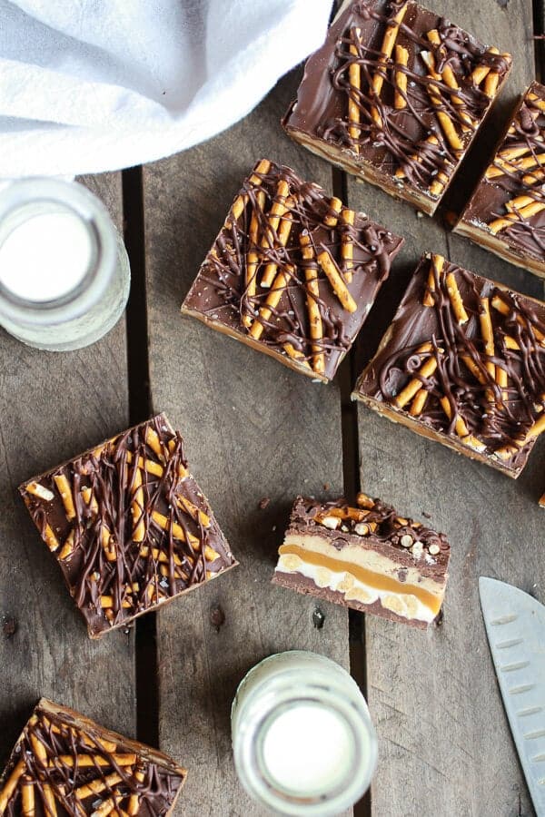 Salted Pretzel Chocolate Chip Cookie Dough Snickers Bars | halfbakedharvest.com