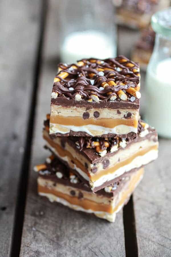 Salted Pretzel Chocolate Chip Cookie Dough Snickers Bars | halfbakedharvest.com