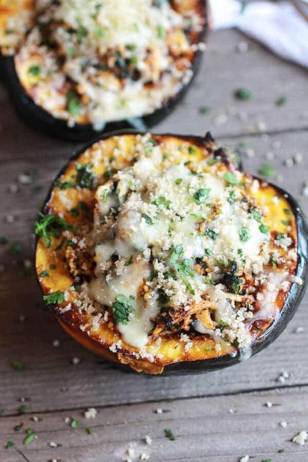 Chipotle Chicken Stuffed Brown Sugar Roasted Acorn Squash | halfbakedharvest.com