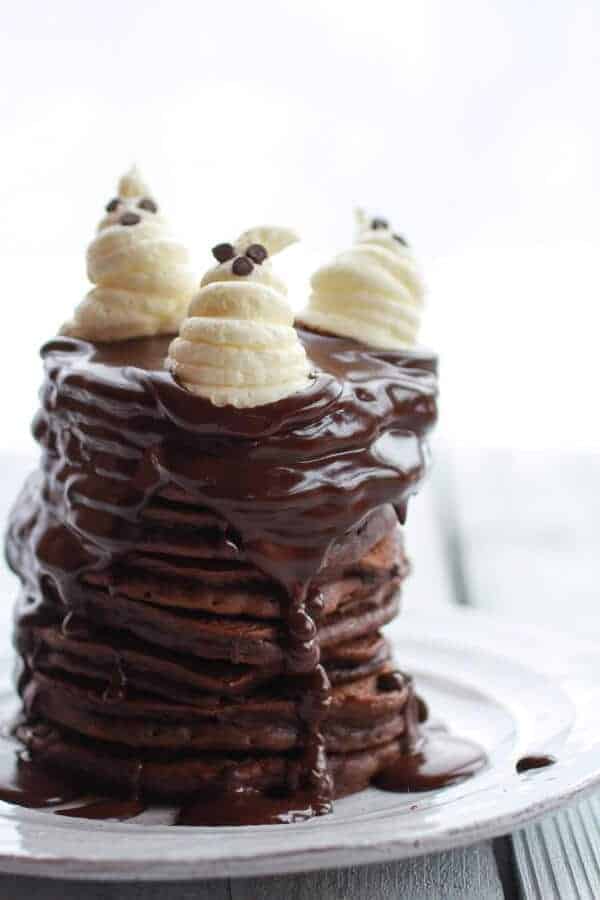Chocolate Lovers Pumpkin Fudge Brownie Pancakes with Chocolate Kahlua Sauce | halfbakedharvest.com 