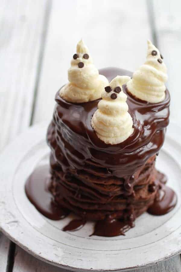 Chocolate Lovers Pumpkin Fudge Brownie Pancakes with Chocolate Kahlua Sauce | halfbakedharvest.com 