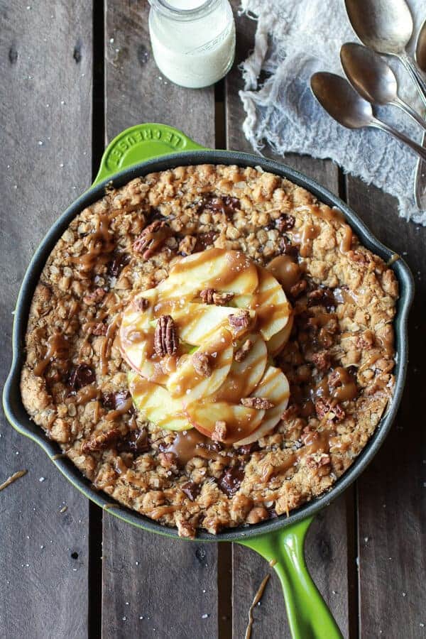 Oatmeal Chocolate Chunk Salted Coffee Caramel Apple Skillet Cookie | .halfbakedharvest.com