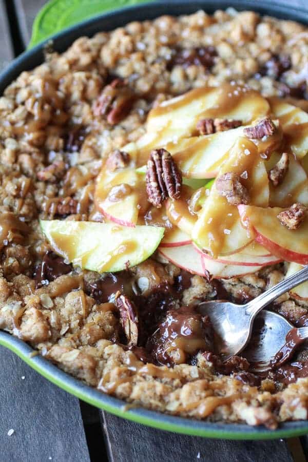 Oatmeal Chocolate Chunk Salted Coffee Caramel Apple Skillet Cookie | .halfbakedharvest.com