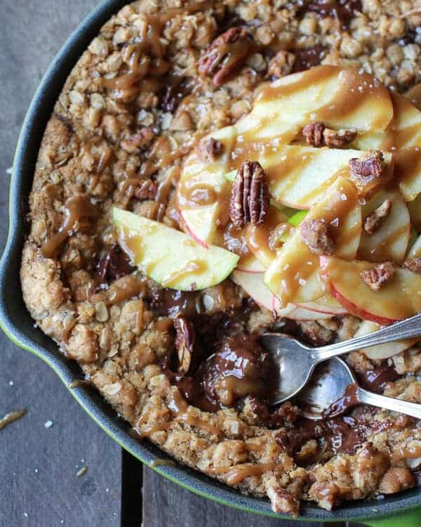 Oatmeal Chocolate Chunk Salted Coffee Caramel Apple Skillet Cookie | .halfbakedharvest.com