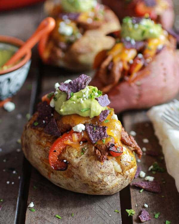 Steak Fajita Stuffed Baked Potatoes with Avocado Chipotle Crema | Steak Fajita Stuffed Baked Potatoes with Avocado Chipotle Crema