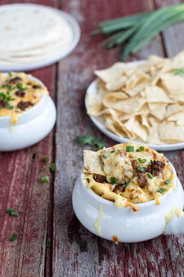 Cheesy Fontina Chorizo + Caramelized Onion and Artichoke Dip | halfbakedharvest.com