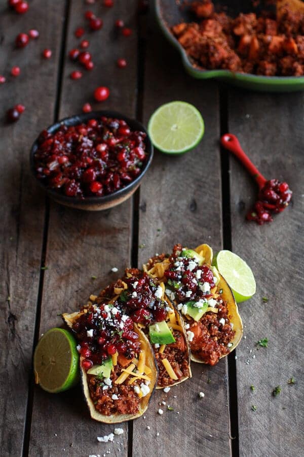 Chipotle Quinoa Sweet Potato Tacos with Roasted Cranberry Pomegranate Salsa | halfbakedharvest.com
