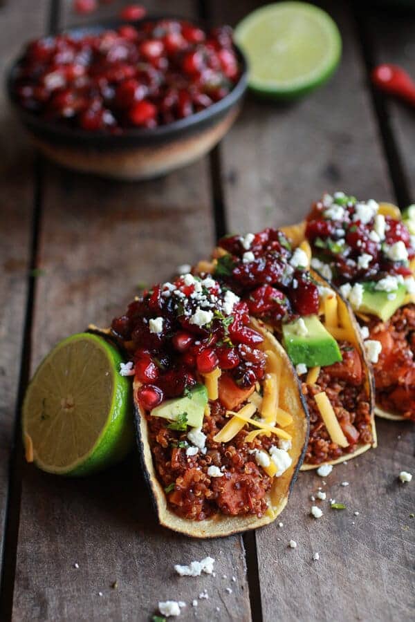Chipotle Quinoa Sweet Potato Tacos with Roasted Cranberry Pomegranate Salsa | halfbakedharvest.com