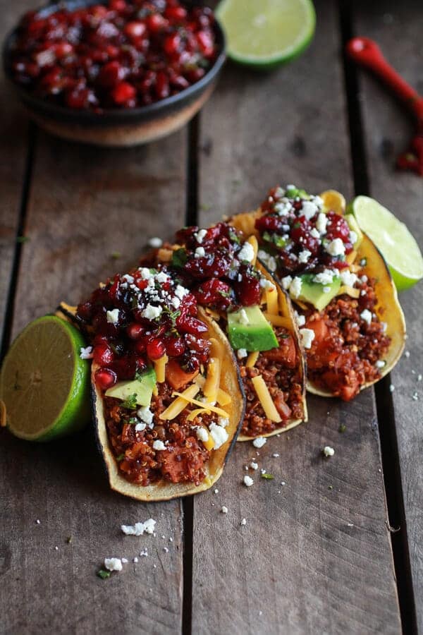 Chipotle Quinoa Sweet Potato Tacos with Roasted Cranberry Pomegranate Salsa | halfbakedharvest.com