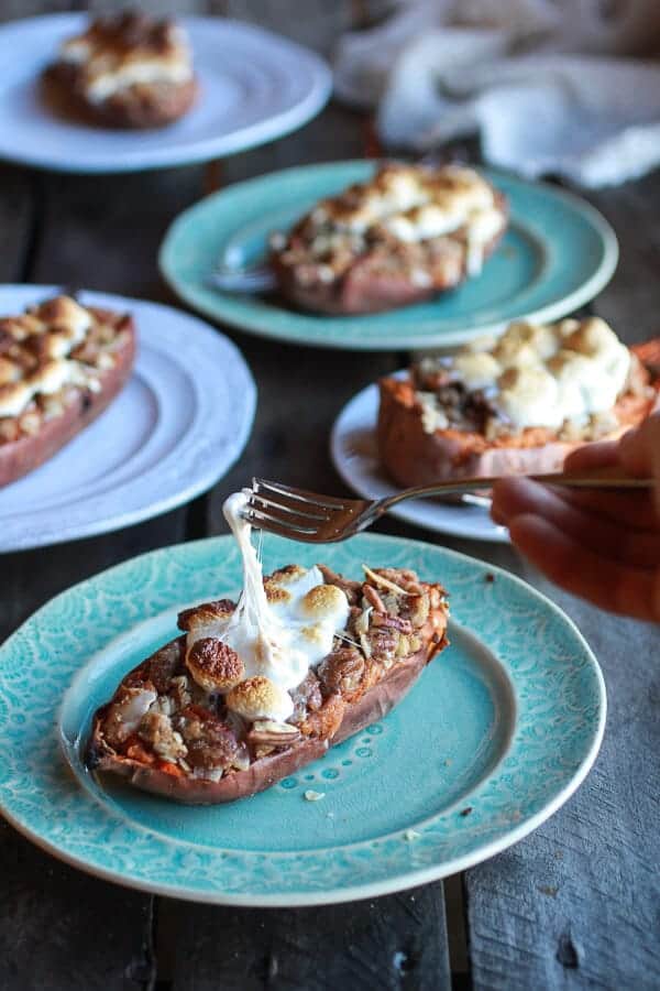 Healthier Sweet Potato Casserole Boats with Pecan Flax Crumble | halfbakedharvest.com