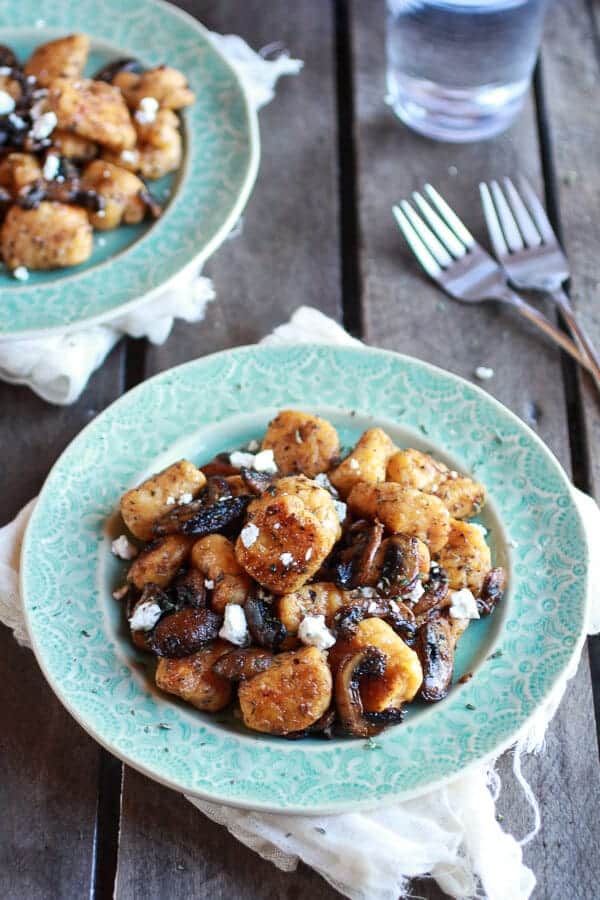Crispy Brown Butter Sweet Potato Gnocchi with Balsamic Caramelized Mushrooms + Goat Cheese | halfbakedharvest.com