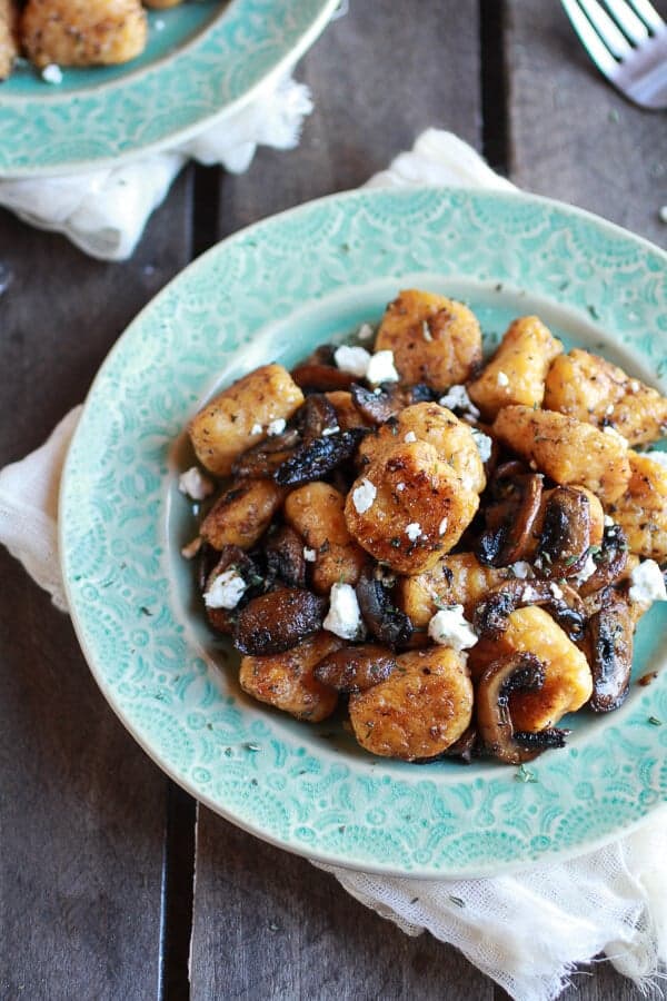 Crispy Brown Butter Sweet Potato Gnocchi with Balsamic Caramelized Mushrooms + Goat Cheese | halfbakedharvest.com