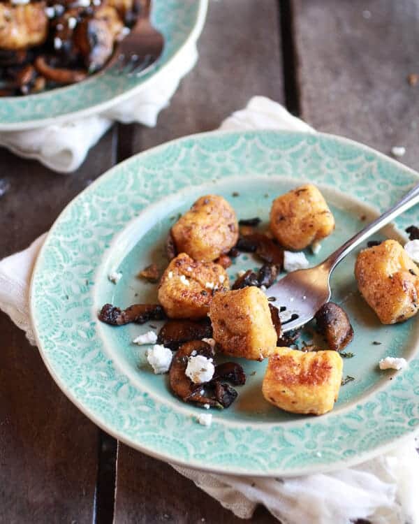 Crispy Brown Butter Sweet Potato Gnocchi with Balsamic Caramelized Mushrooms + Goat Cheese | halfbakedharvest.com