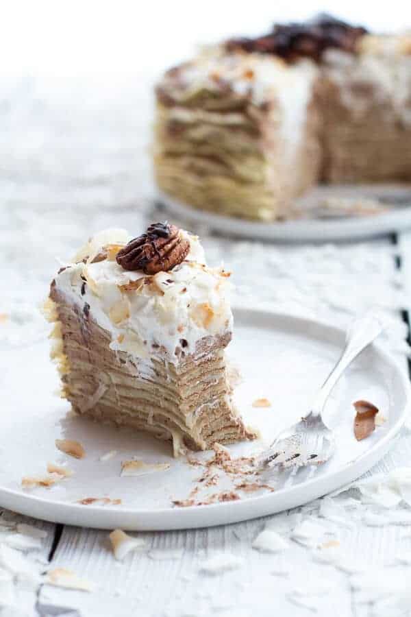 Toasted Coconut Cream Rum and Chocolate Mousse Crepe Cake | halfbakedharvest.com