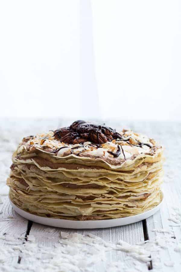 Toasted Coconut Cream Rum and Chocolate Mousse Crepe Cake | halfbakedharvest.com