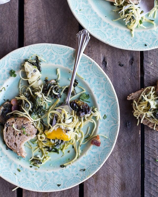 Fontina Spinach and Artichoke Breakfast Pasta Hash | halfbakedharvest.com