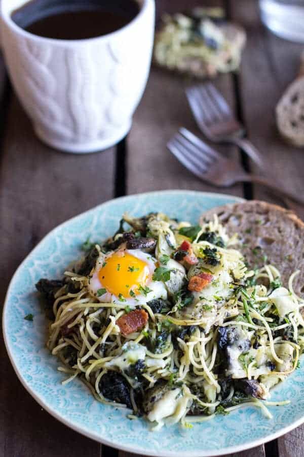 Fontina Spinach and Artichoke Breakfast Pasta Hash | halfbakedharvest.com