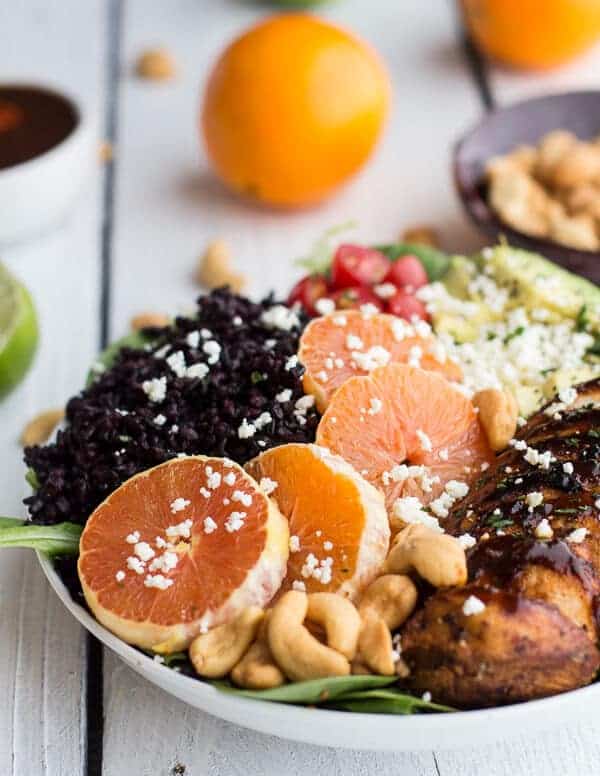Black Rice Salad Bowls with Chipotle Orange Chicken, Cashews + Feta | halfbakedharvest.com