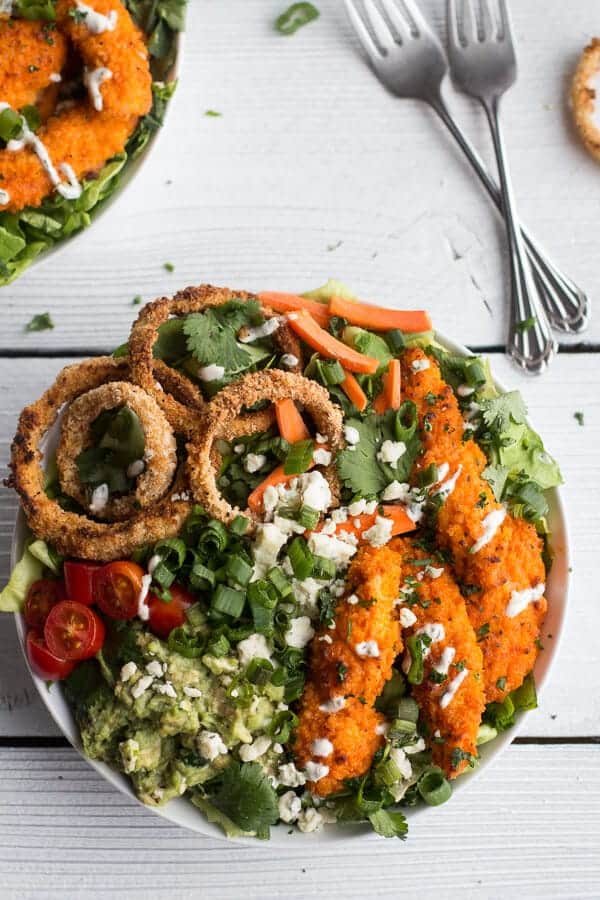 Buffalo Chicken + Blue Cheese Guacamole and Crunchy Baked Onion Ring Salad | halfbakedharvest.com