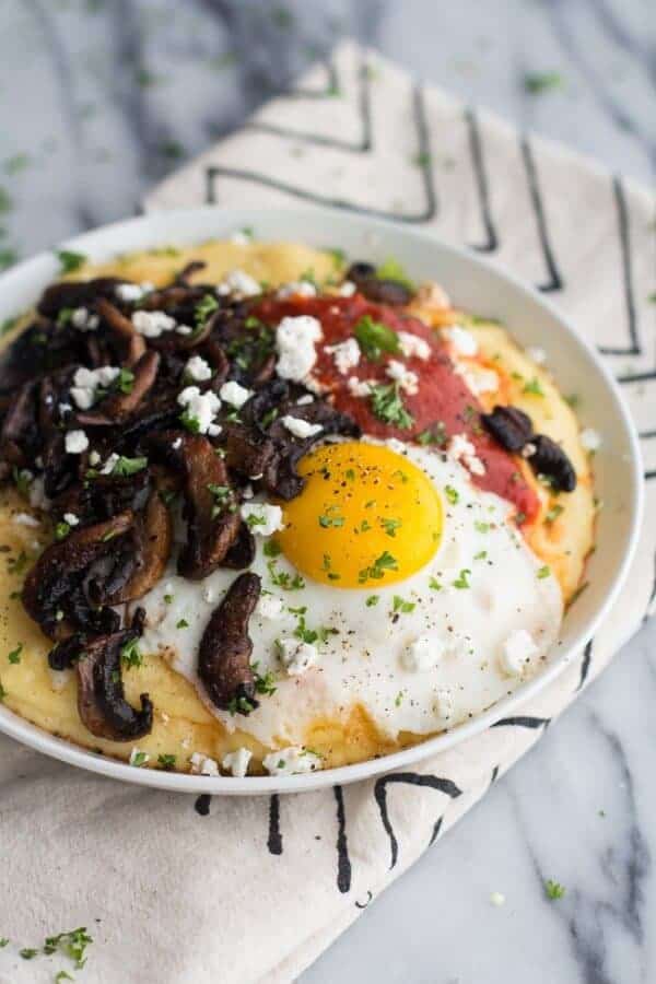 Polenta with Caramelized Mushrooms, Marinara + Fried Eggs and Goat Cheese | halfbakedharvest.com