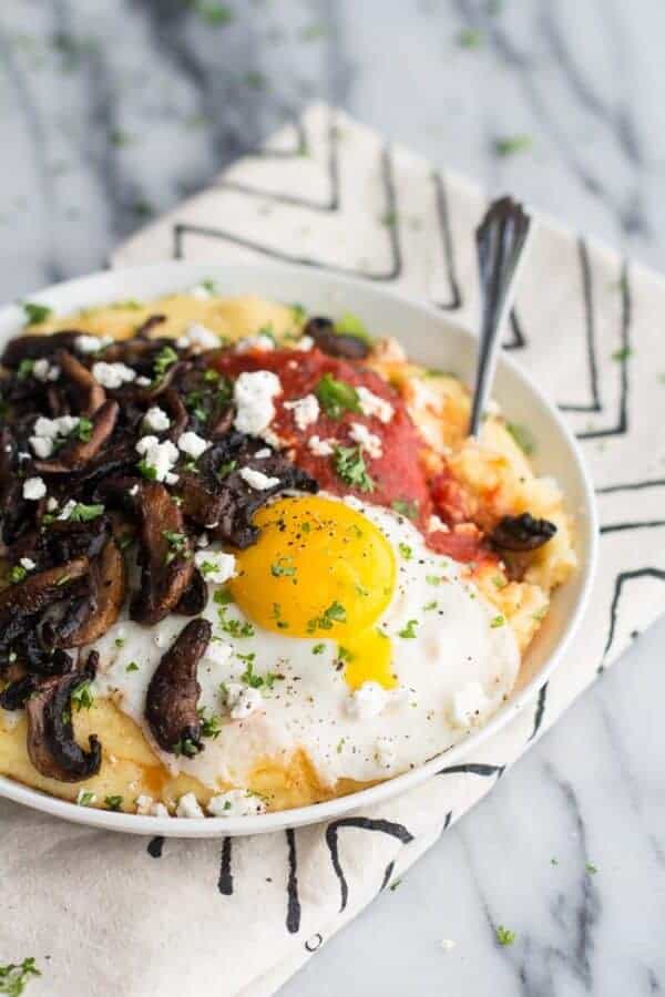 Polenta with Caramelized Mushrooms, Marinara + Fried Eggs and Goat Cheese | halfbakedharvest.com