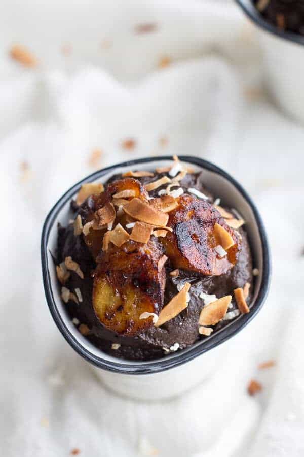 Dark Chocolate Avocado Mousse with Coconut Caramelized Bananas | halfbakedharvest.com