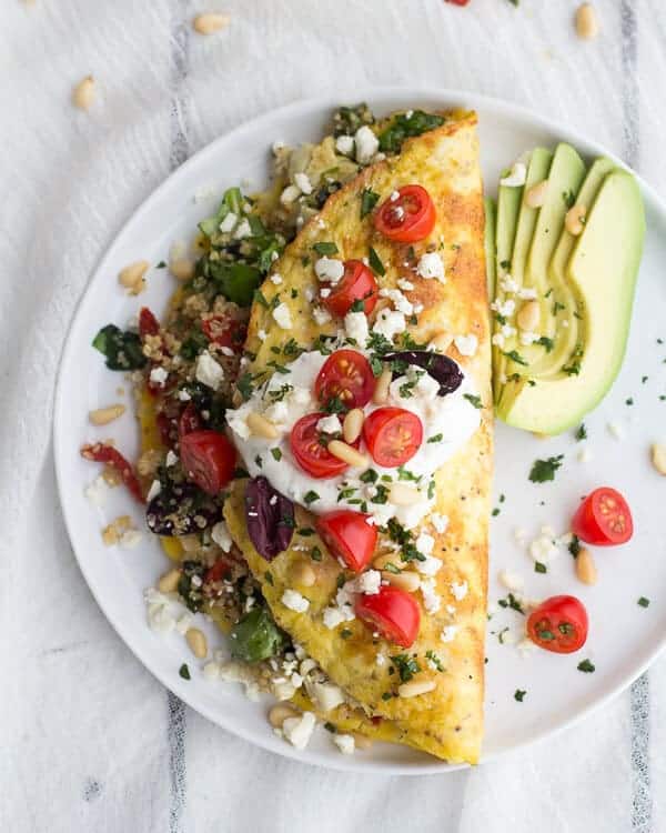 Mad Greek Quinoa Dinner Omelets with Feta and Tzatziki | halfbakedharvest.com