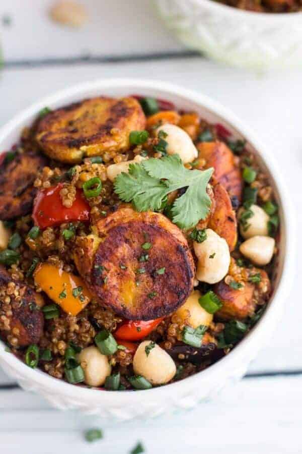 Jamaican Jerk Chicken, Fried Plantain and Coconut Fried Quinoa with Macadamia Nuts | halfbakedharvest.com