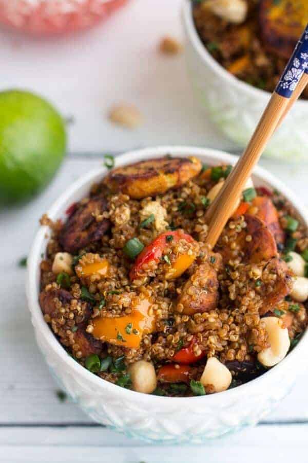 Jamaican Jerk Chicken, Fried Plantain and Coconut Fried Quinoa with Macadamia Nuts | halfbakedharvest.com