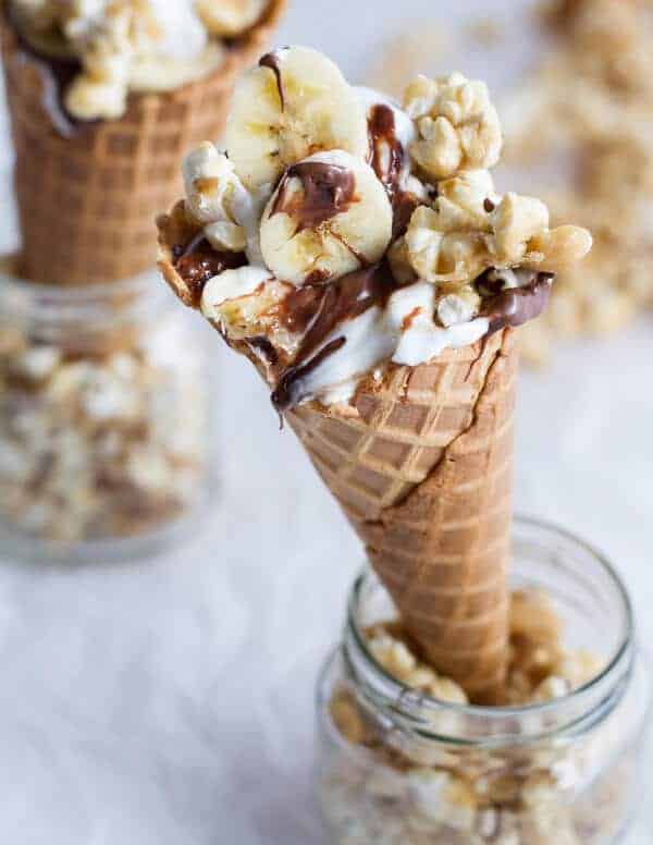 Banoffee + Nutella Greek Yogurt Waffle Cone Parfaits with Cashew Caramel Popcorn | halfbakedharvest.com