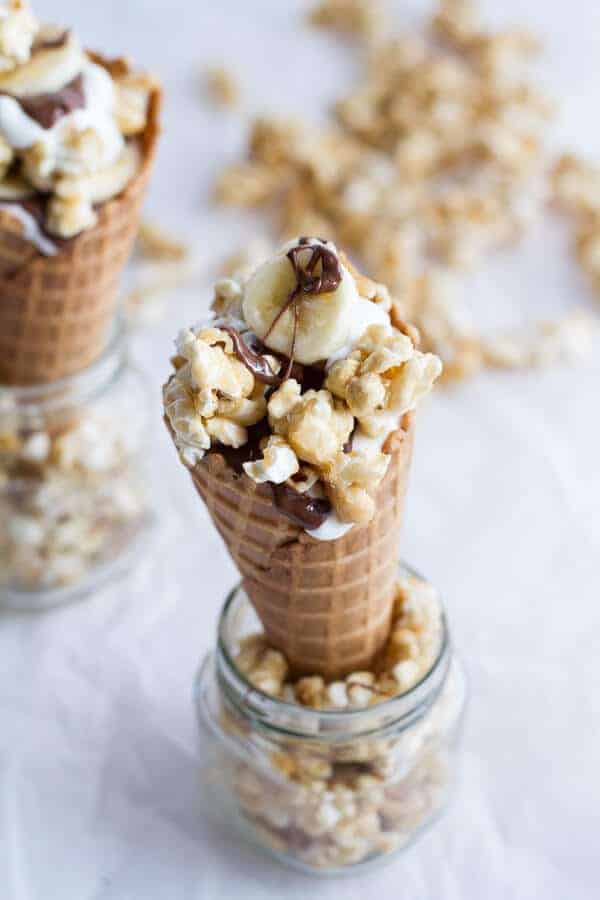 Banoffee + Nutella Greek Yogurt Waffle Cone Parfaits with Cashew Caramel Popcorn | halfbakedharvest.com
