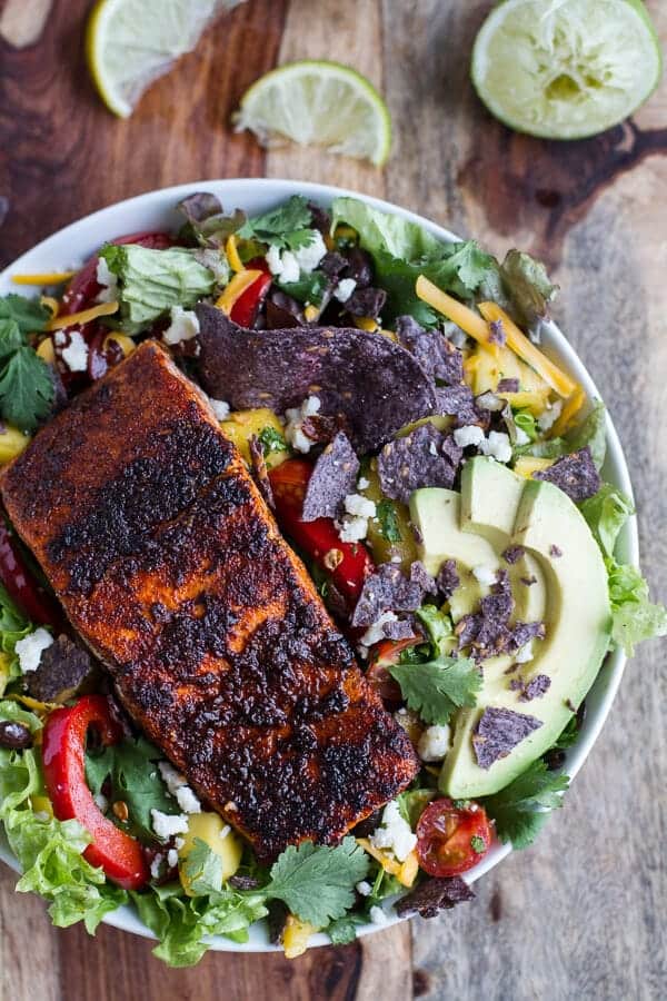 Chile Lime Salmon Fajita Salad with Cilantro Lime Vinaigrette | halfbakedharvest.com