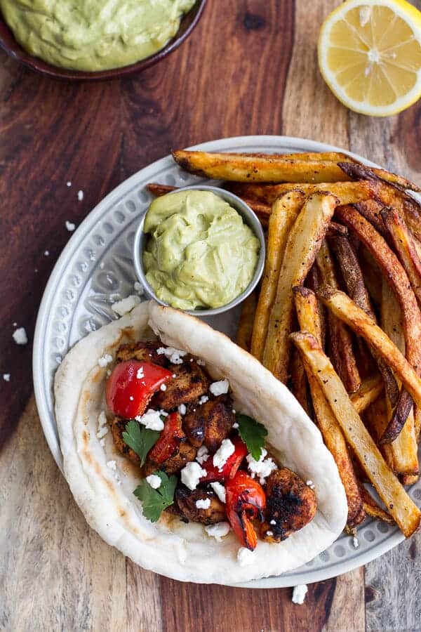 Shish Tawook (Grilled Chicken Skewers) wirth Roasted Garlic Avocado Mayo | halfbakedharvest.com