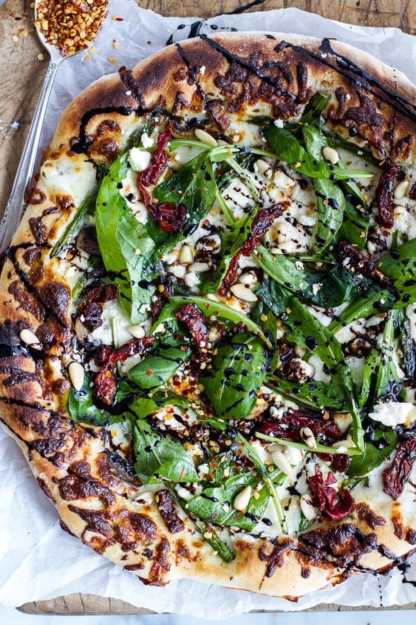 Spring Time Mushroom + Asparagus White Burrata Cheese Pizza with Balsamic Drizzle | halfbakedharvest.com