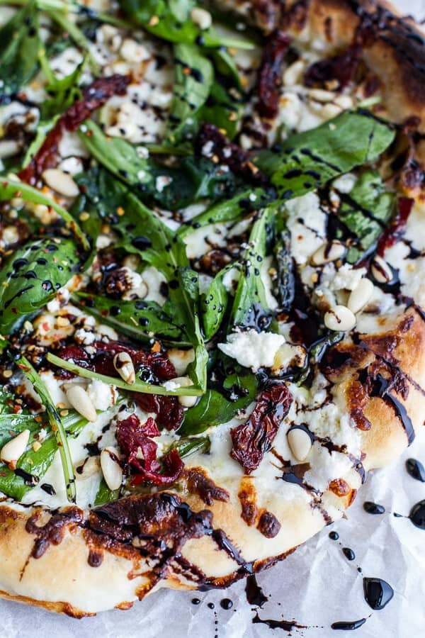 Spring Time Mushroom + Asparagus White Burrata Cheese Pizza with Balsamic Drizzle | halfbakedharvest.com