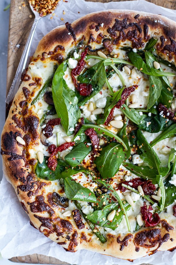 Spring Time Mushroom + Asparagus White Burrata Cheese Pizza with Balsamic Drizzle | halfbakedharvest.com