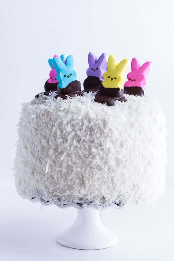 6-Layer (Or 3) Coconut Covered Chocolate Peeps Cake | halfbakedharvest.com