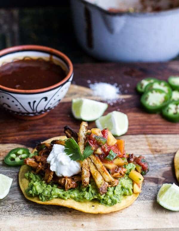 BBQ Margarita Chicken Tostadas with Sweet Jalapeño Margarita Salsa | halfbakedharvest.com