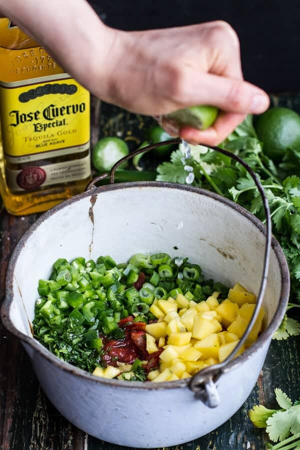 BBQ Margarita Chicken Tostadas with Sweet Jalapeño Margarita Salsa | halfbakedharvest.com