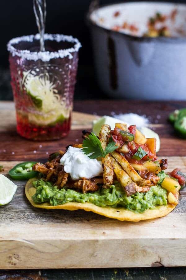 BBQ Margarita Chicken Tostadas with Sweet Jalapeño Margarita Salsa | halfbakedharvest.com