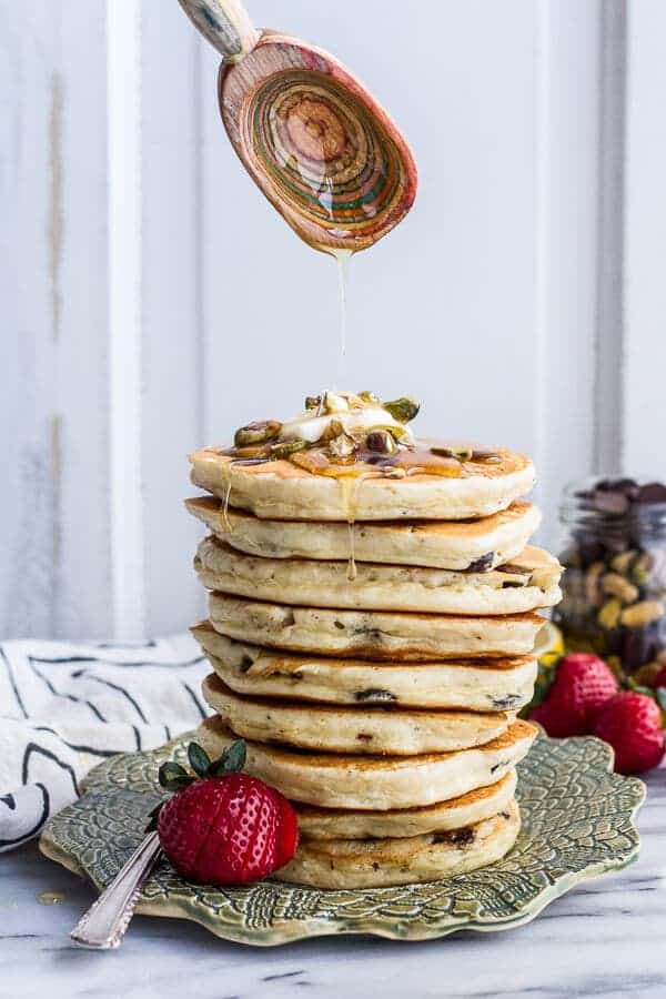 Chocolate Chip Lemon Baklava Pancakes with Salted Vanilla Honey Syrup | halfbakedharvest.com @hbharvest