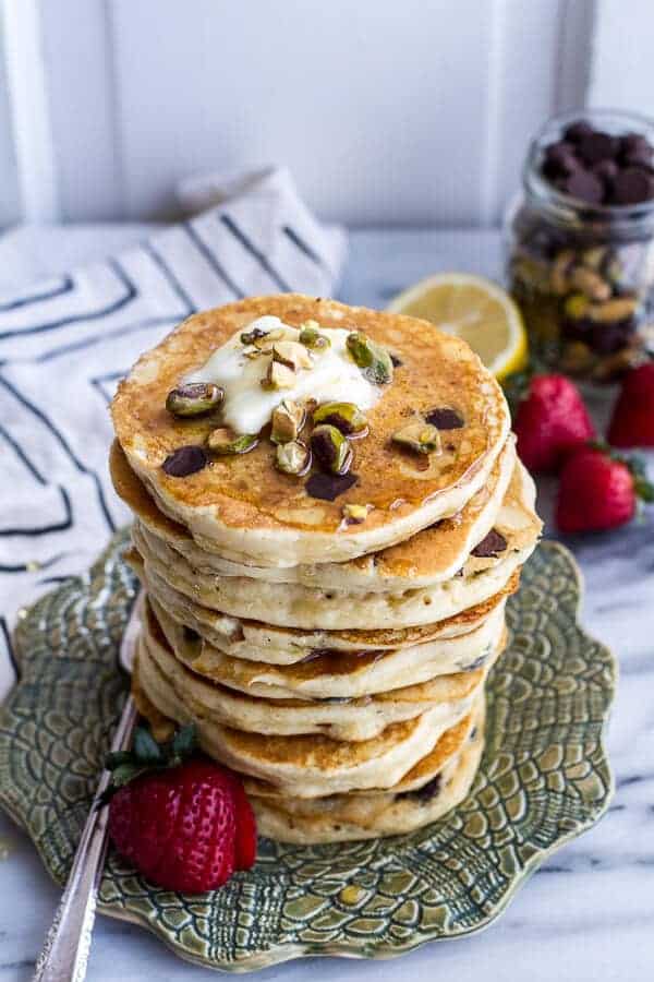 Chocolate Chip Lemon Baklava Pancakes with Salted Vanilla Honey Syrup | halfbakedharvest.com
