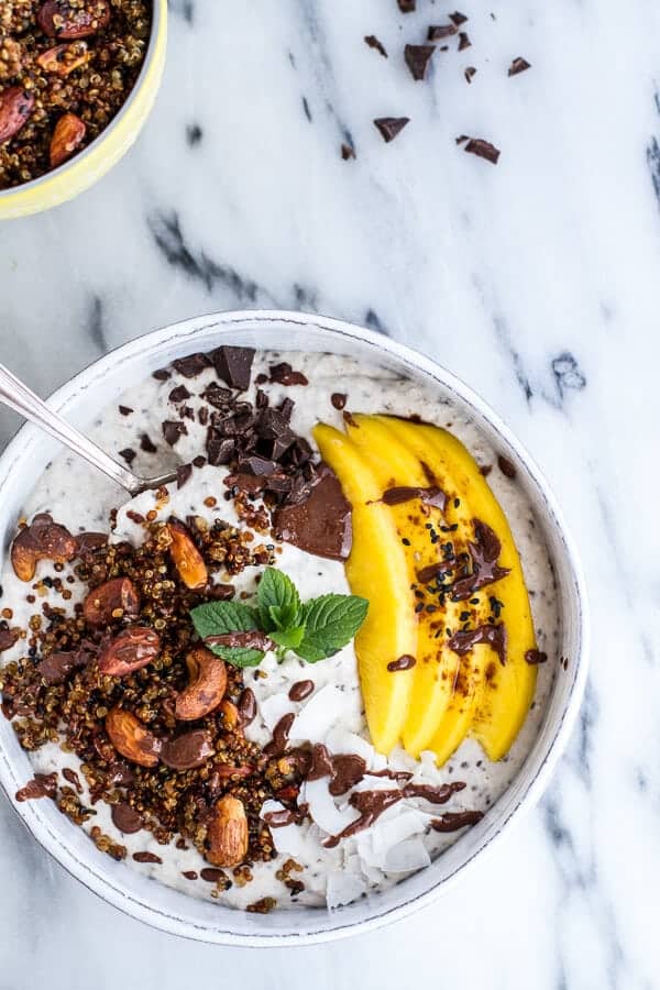 Coconut Banana Oats Smoothie Bowl with Crunchy Black Sesame Quinoa Cereal + Mango | halfbakedharvest.com @hbharvest