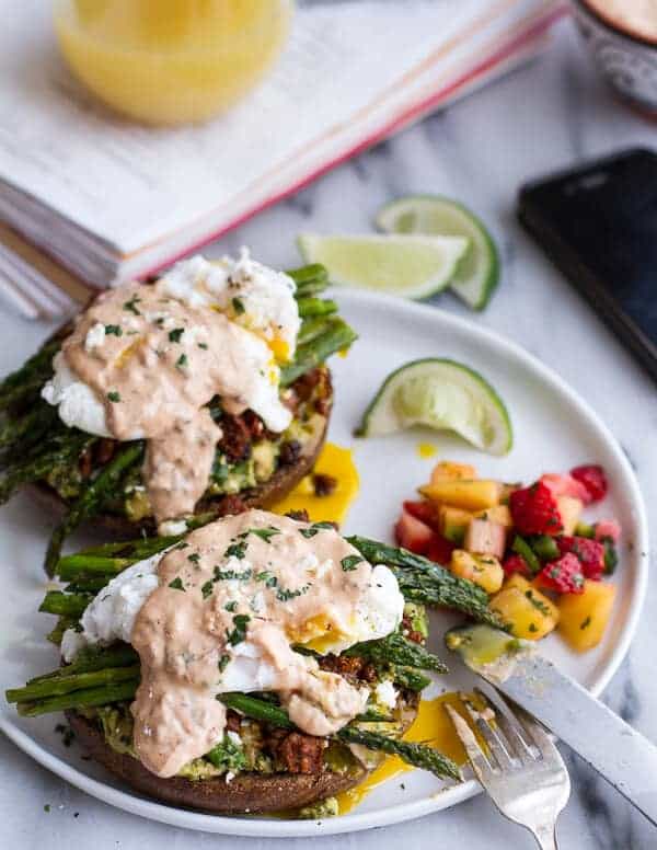 Cotija Guacamole + Chorizo Eggs Benedict with Honey Chipotle Lime Sauce | halfbakedharvest.com