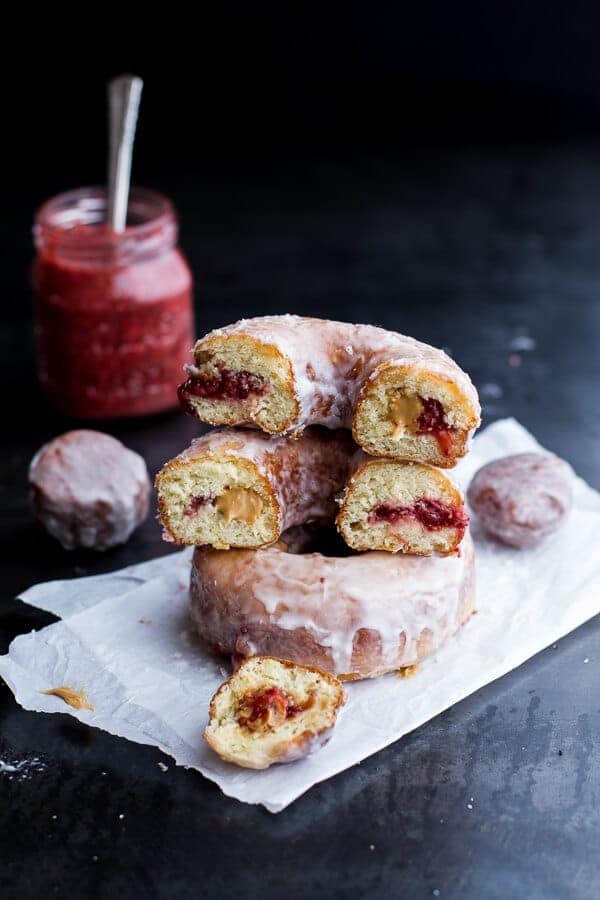 Glazed Peanut Butter and Jelly Doughnuts...with Strawberry-Rhubarb Chia Jelly | halfbakedharvest.com
