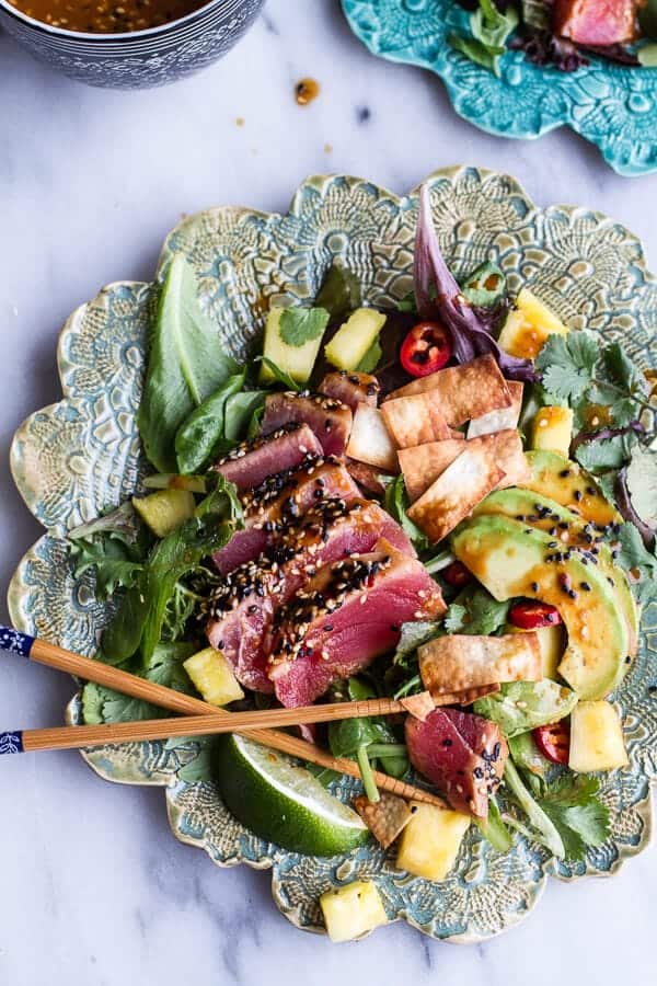 Seared Ahi Tuna Poke Salad with Hula Ginger vinaigrette + Wonton Crisps | halfbakedharvest.com