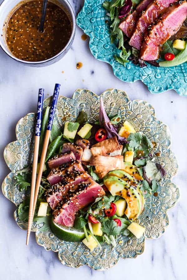 Seared Ahi Tuna Poke Salad with Hula Ginger vinaigrette + Wonton Crisps | halfbakedharvest.com @hbharvest
