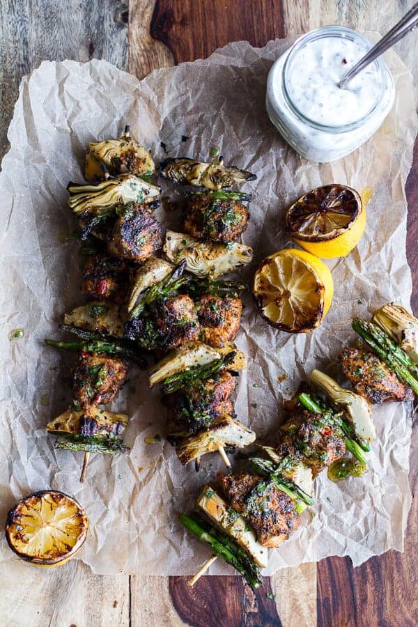Spring Veggie + Lemon Moroccan Chicken Skewers with Minted Goat Cheese Yogurt | halfbakedharvest.com @hbharvest