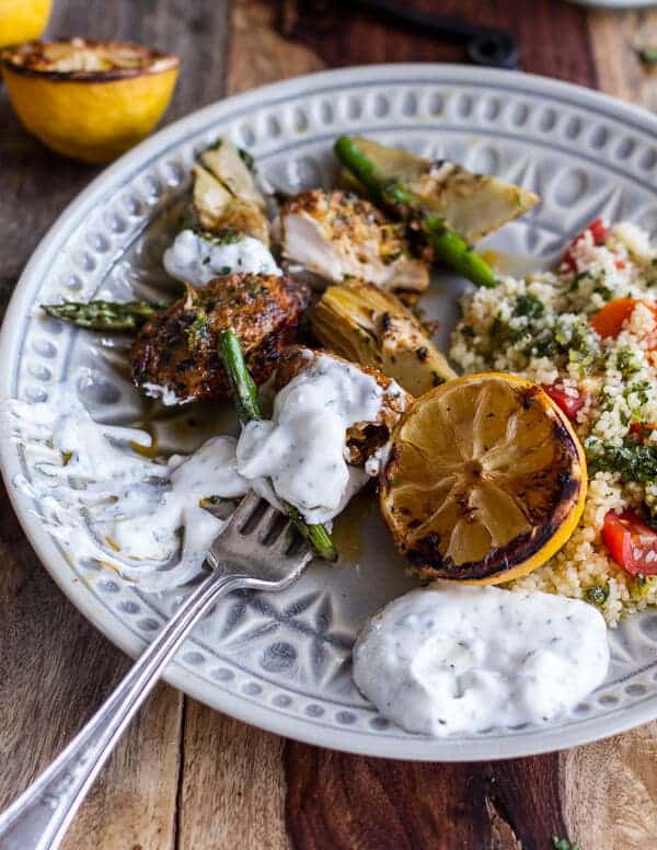 Spring Veggie + Lemon Moroccan Chicken Skewers with Minted Goat Cheese Yogurt.-16