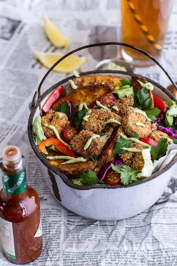 Cajun Shrimp 'n' Chips Po Boy Salad with Avocado Tarter Sauce | halfbakedharvest.com